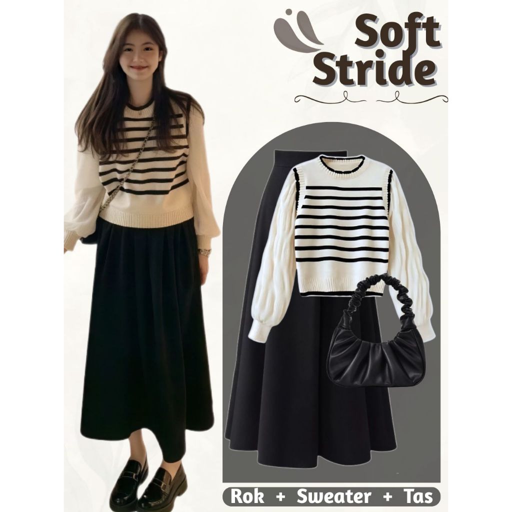One Set Wanita Kekinian OOTD Korean | Sweater Rajut + Rok Joda + Shoulder Bag | Outfit Cewek Kece 1 