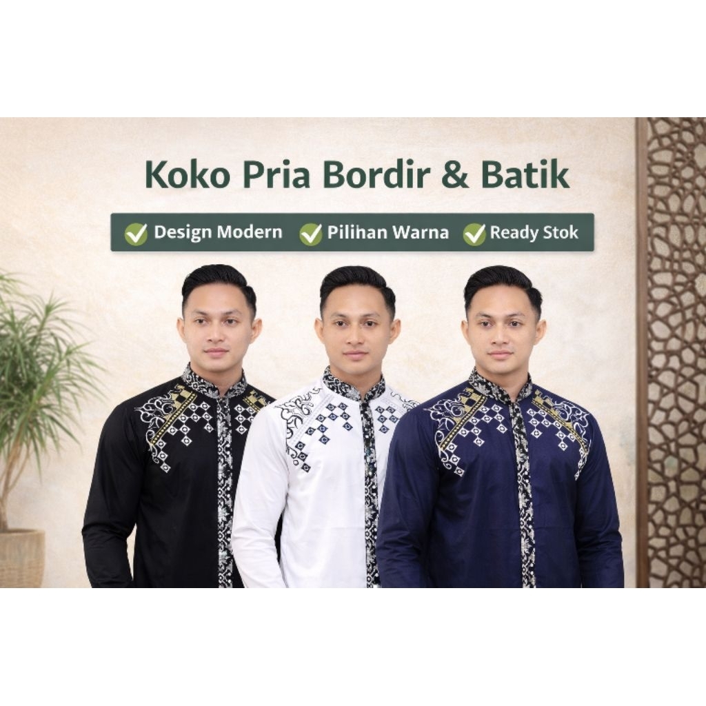Baju Koko Pria Dewasa Lengan Panjang Batik Kombinasi Bordir Motif Ceplok Kotak – Adem & Nyaman
