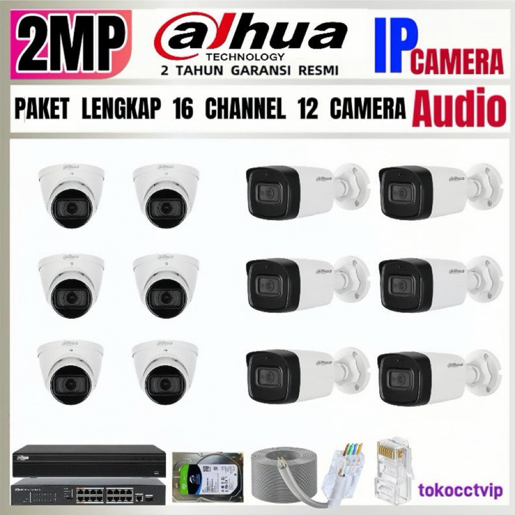 PAKET CCTV DAHUA  IP  KAMERA 2MP AUDIO  16 Ch  12 KAMERA ( REKAM  SUARA ) KOMPLIT