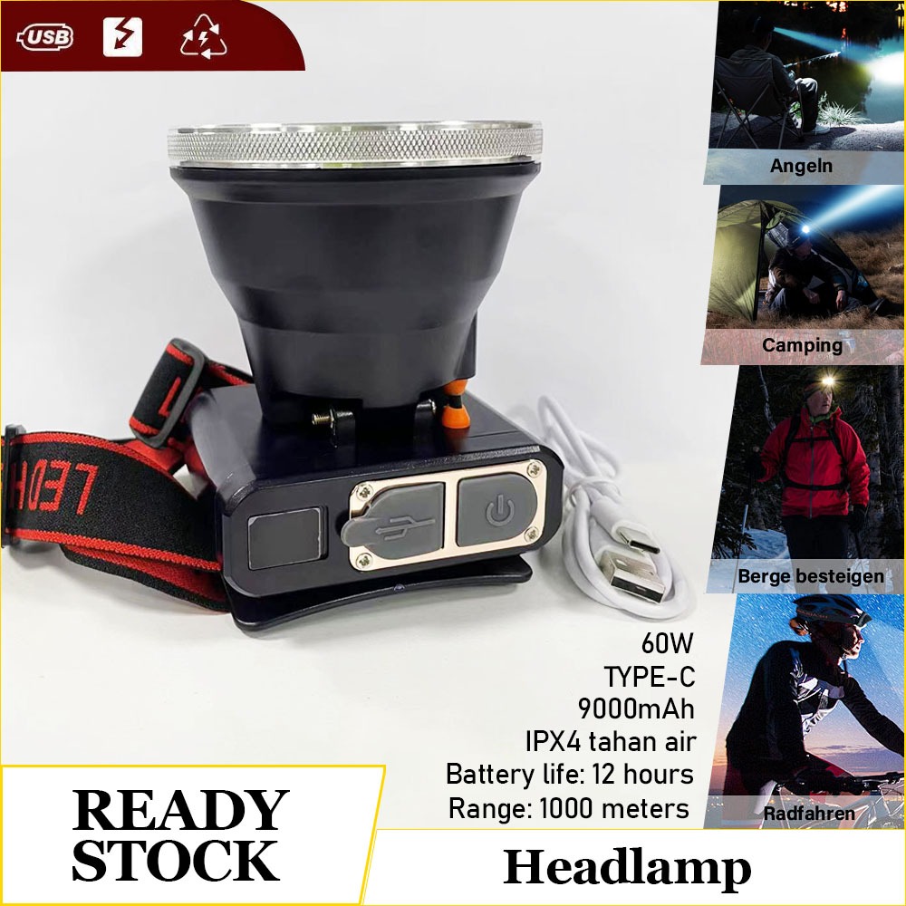 Lampu Senter Kepala LED 60 WATT Headlamp Battery Lithium Lampu Gunung Camping Hiking Senter Camping-