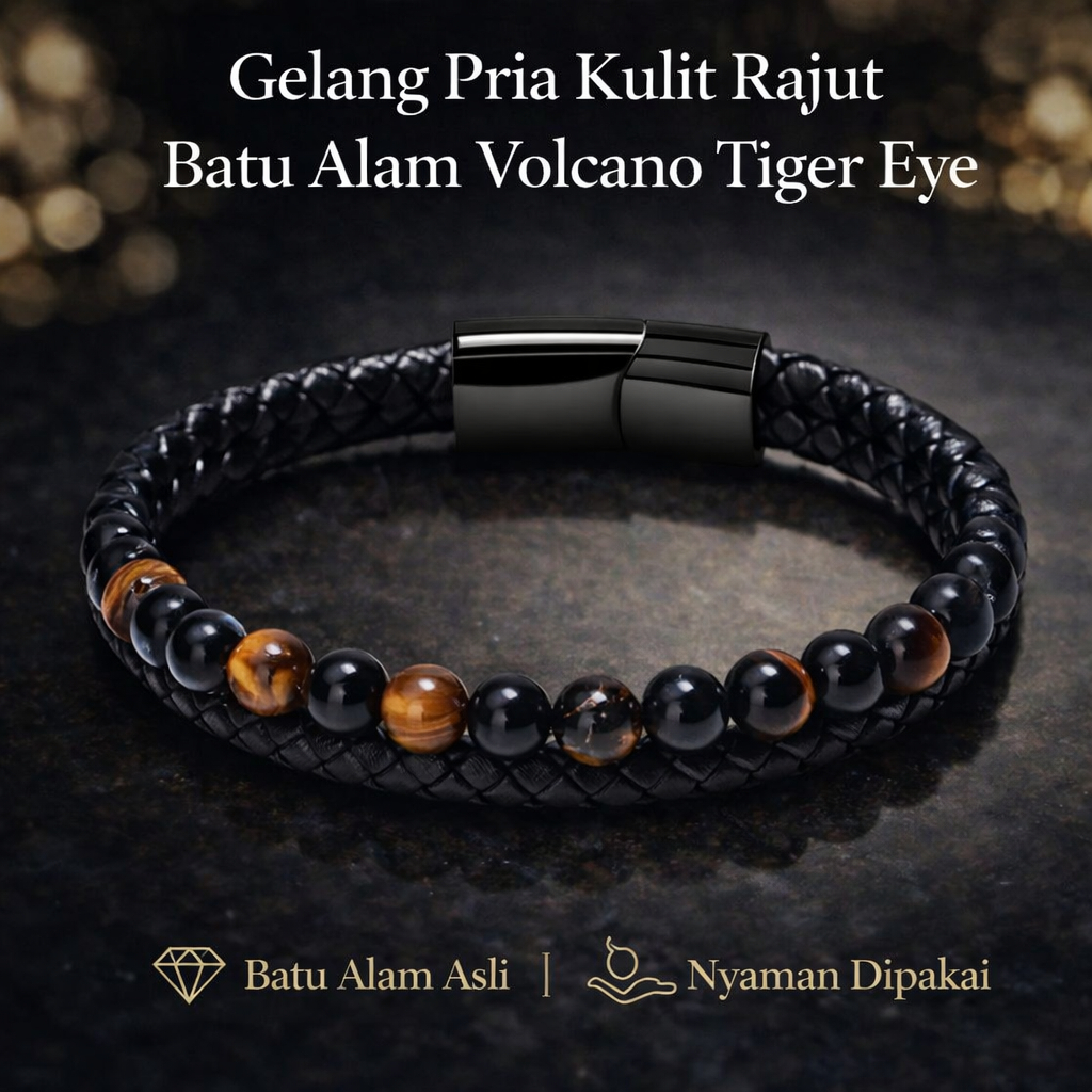 Gelang Pria Kulit Rajut Batu Alam Volcano Tiger Eye - Gelang Pria Hitam Batu Alam