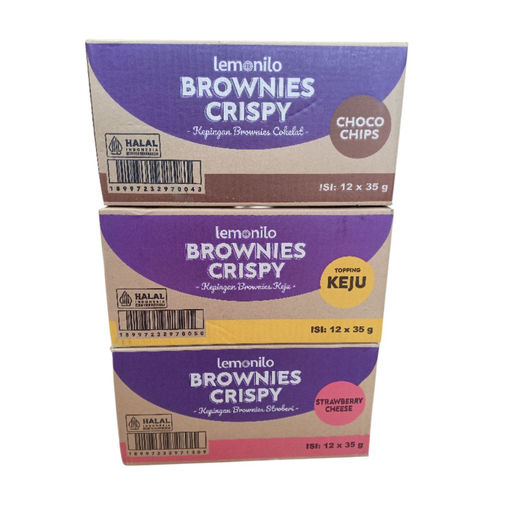 Lemonilo Brownies Crispy 35gr (1Dus: 12pcs) Brownies Crispy Chocochips, Keju, & Strawberry Cheese / 