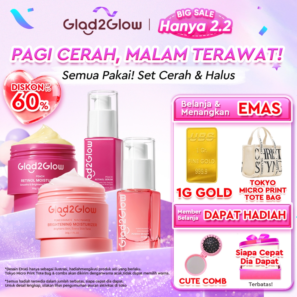 Glad2Glow Day & Night Renew Cerah Bundle 4-IN-1 Moisturizer+Serum Set Brightening 10%Niacinamide Pee