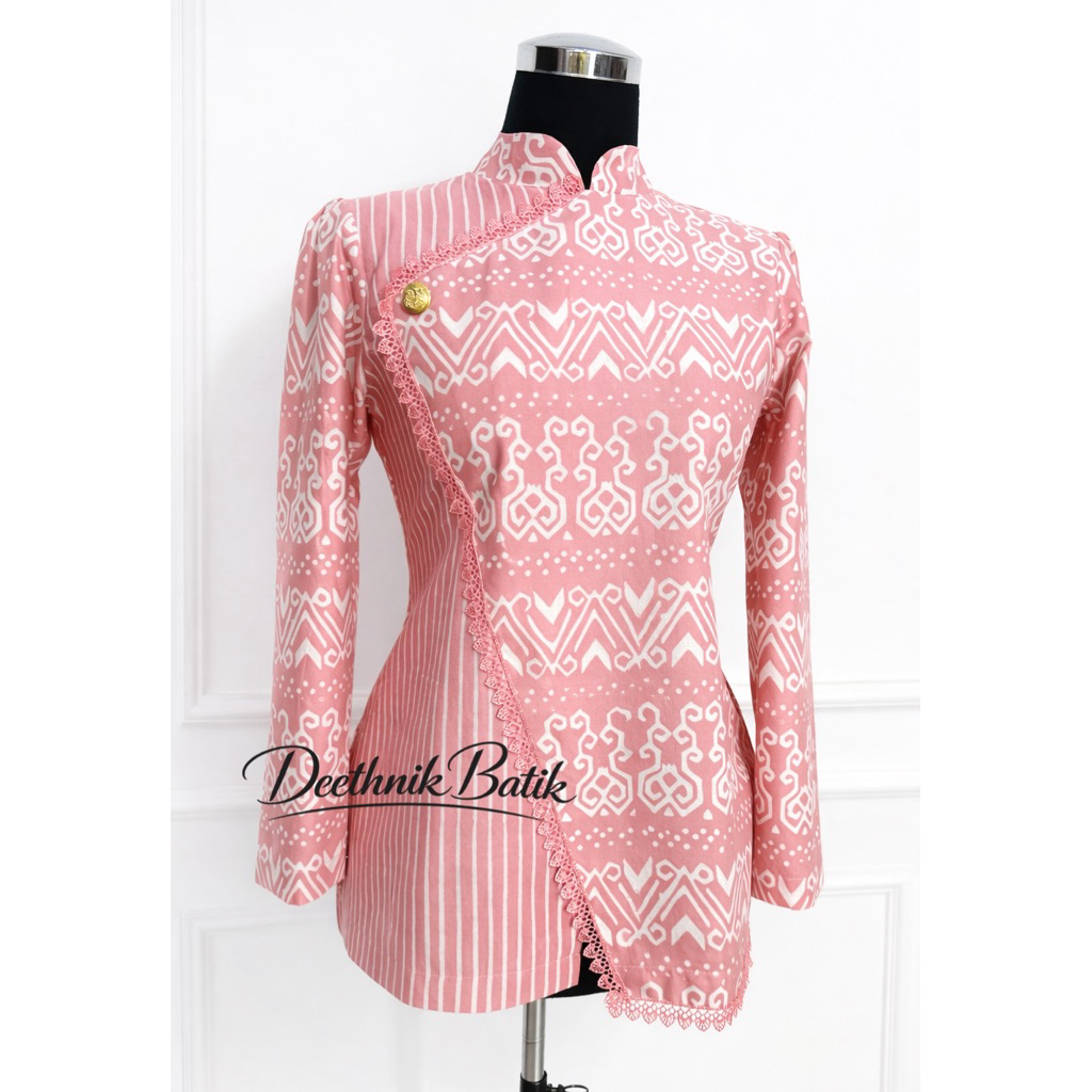 Baju batik Model janggan warna pink mix renda pink baju batik wanita warna pink
