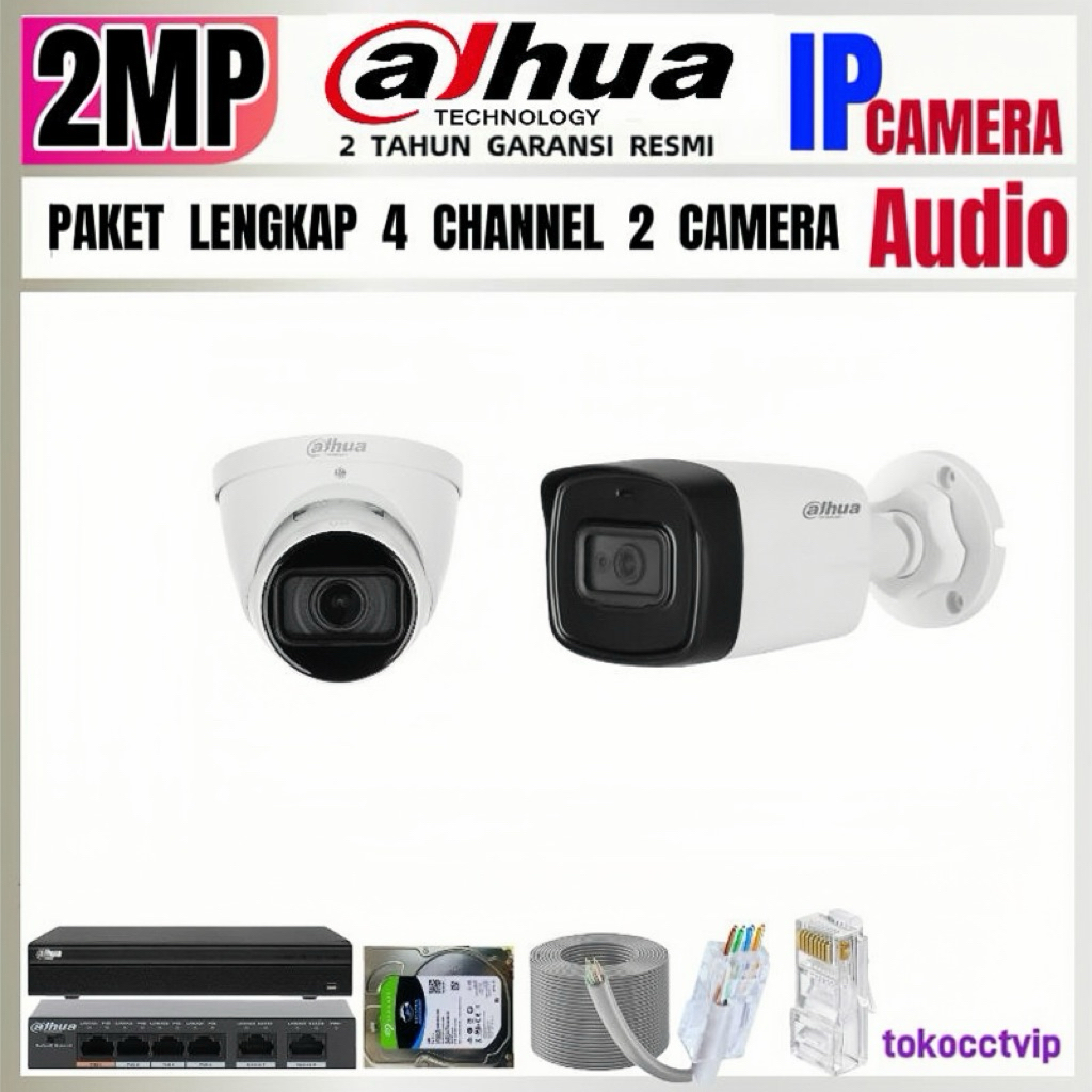 PAKET CCTV DAHUA  IP  KAMERA 2MP AUDIO  4 CH  2 KAMERA ( REKAM  SUARA ) KOMPLIT