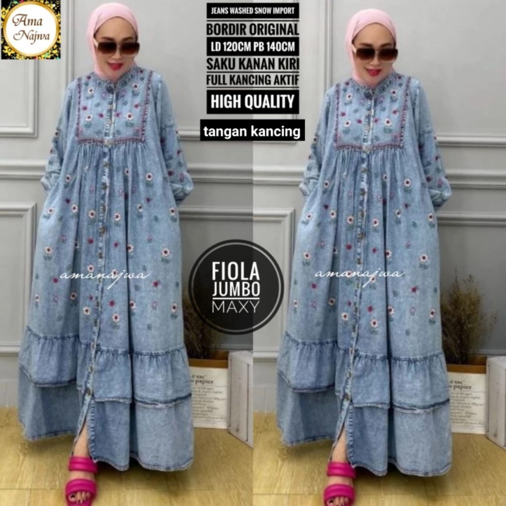 LD 120 || LD 140 Baju Gamis Jeans Washed Snow Import FIOLA JEANS SUPER JUMBO