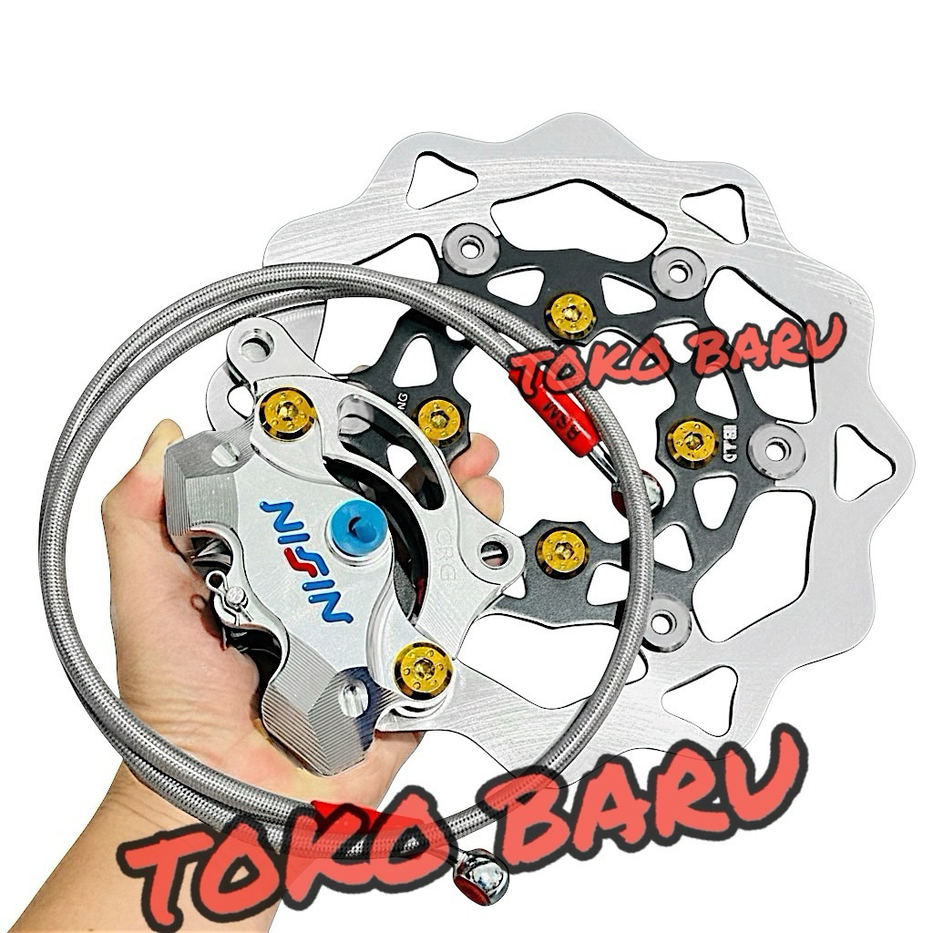 1PAKET KALIPER 2PISTON + PIRINGAN DISC GALFER 220MM + SELANG REM 90CM + BAUT DISC + BREKET 220MM