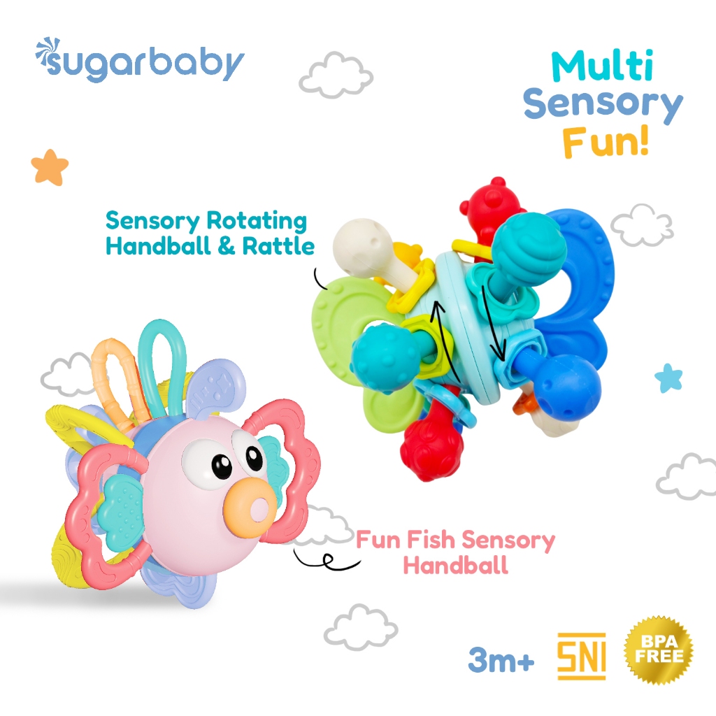Sugarbaby Fun Fish Sensory Rotating Handball Rattle Baby Toys Mainan Sensorik Motorik Teether Bayi B