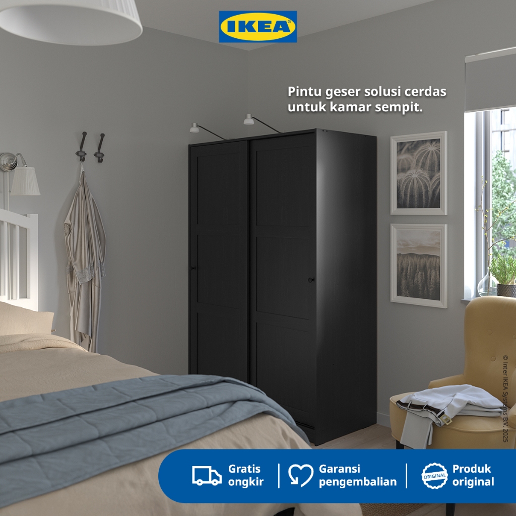 IKEA RAKKESTAD Lemari Pakaian Dengan Pintu Geser Hitam 117x176 cm