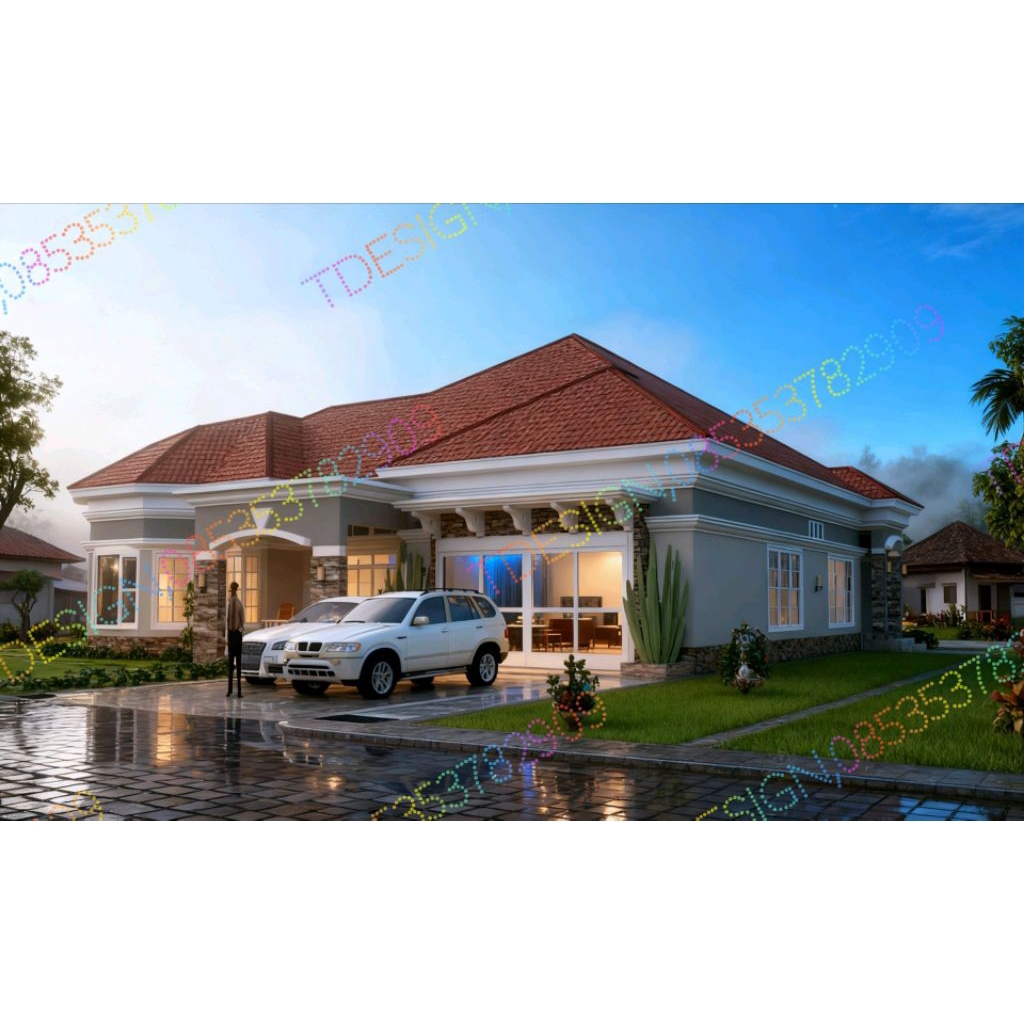 PAKET DESAIN RUMAH MEWAH UKURAN 20x20. jasa desain rumah 3D. Rumah Mediterania Style