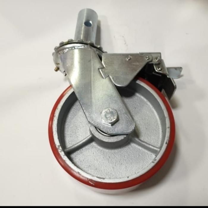 Roda PU merah besi cor steger / scaffolding 6 inchi Rem taiwan