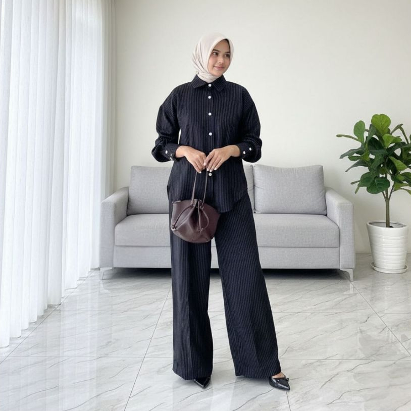 Iranandha Set Kemeja Celana Wanita Salur Oversize