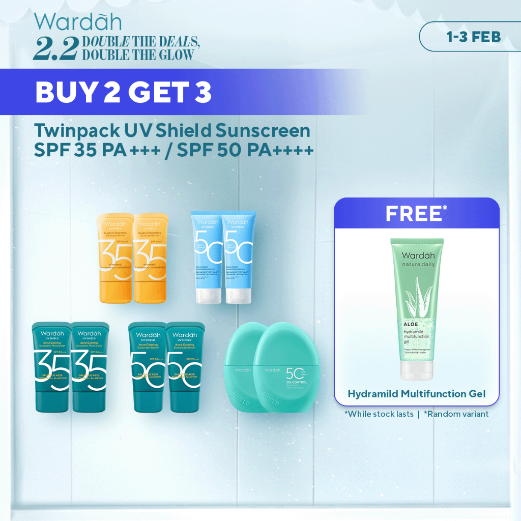 Wardah Sunscreen UV Shield Twinpack Buy 2 get 3 SPF 35 PA +++ / SPF 50 PA++++ (Airy Smooth, Essentia