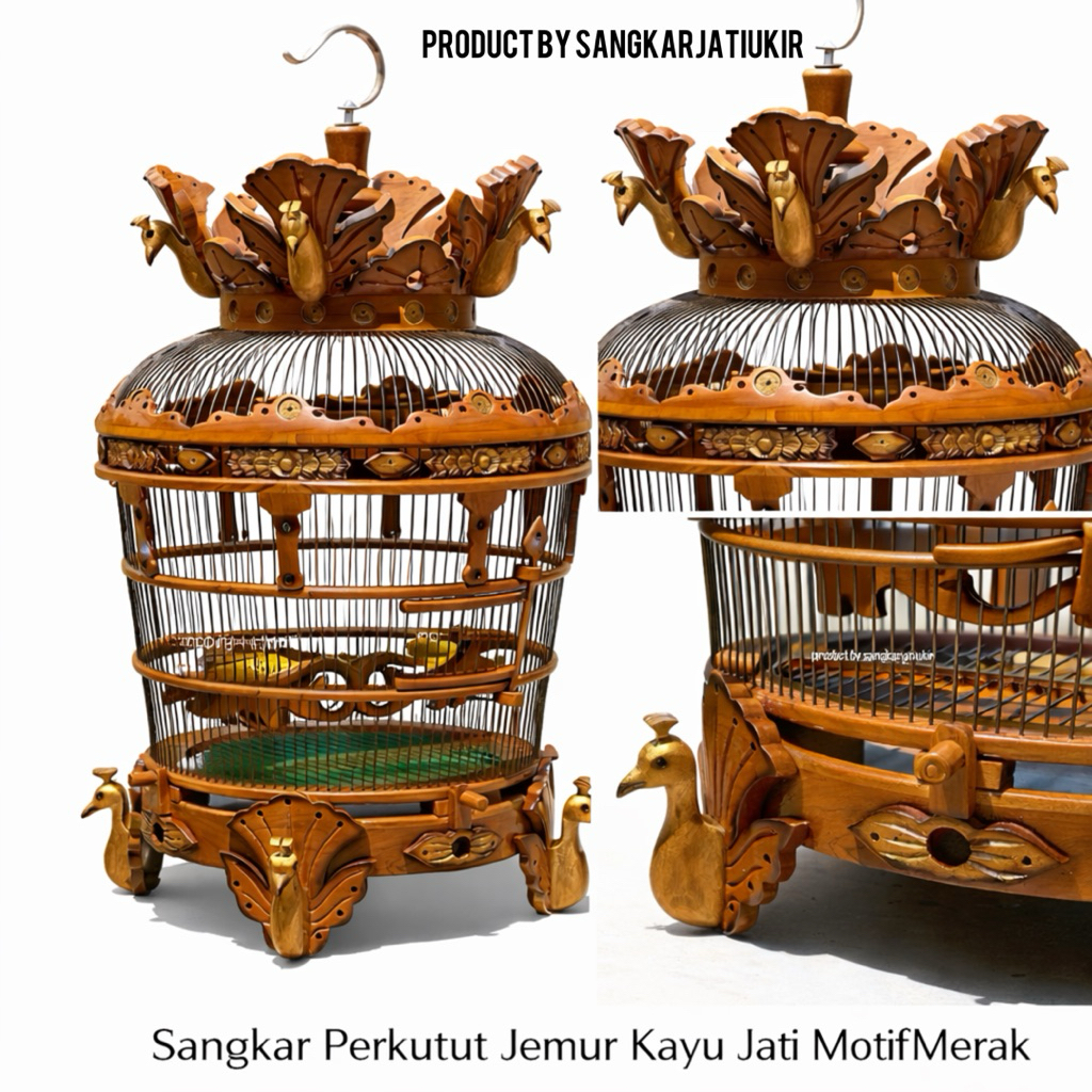 Sangkar Perkutut Jemur Kayu Jati Ukir Motif Merak | Full Aksesoris Pakan Minum & Karpet