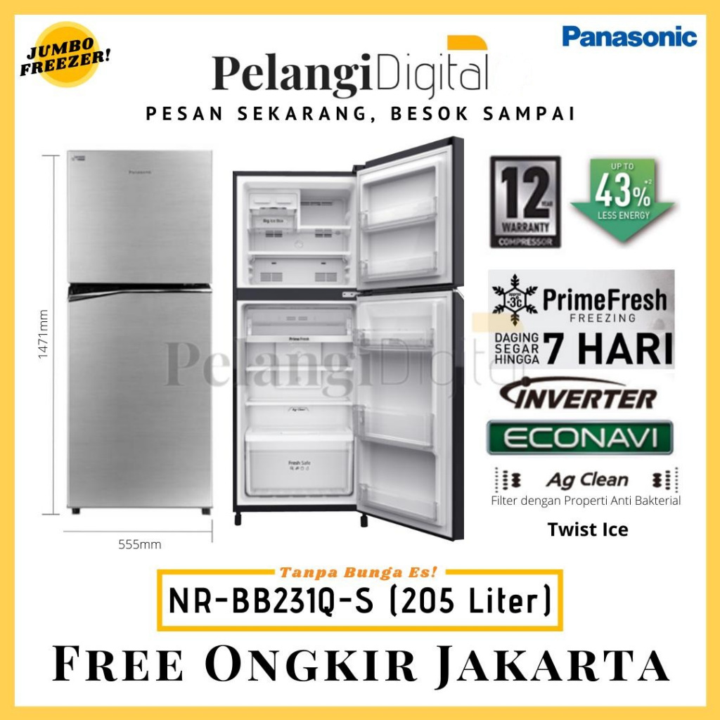 PANASONIC NR-BB231Q-S Kulkas Inverter Econavi 2 Pintu - 205 Liter