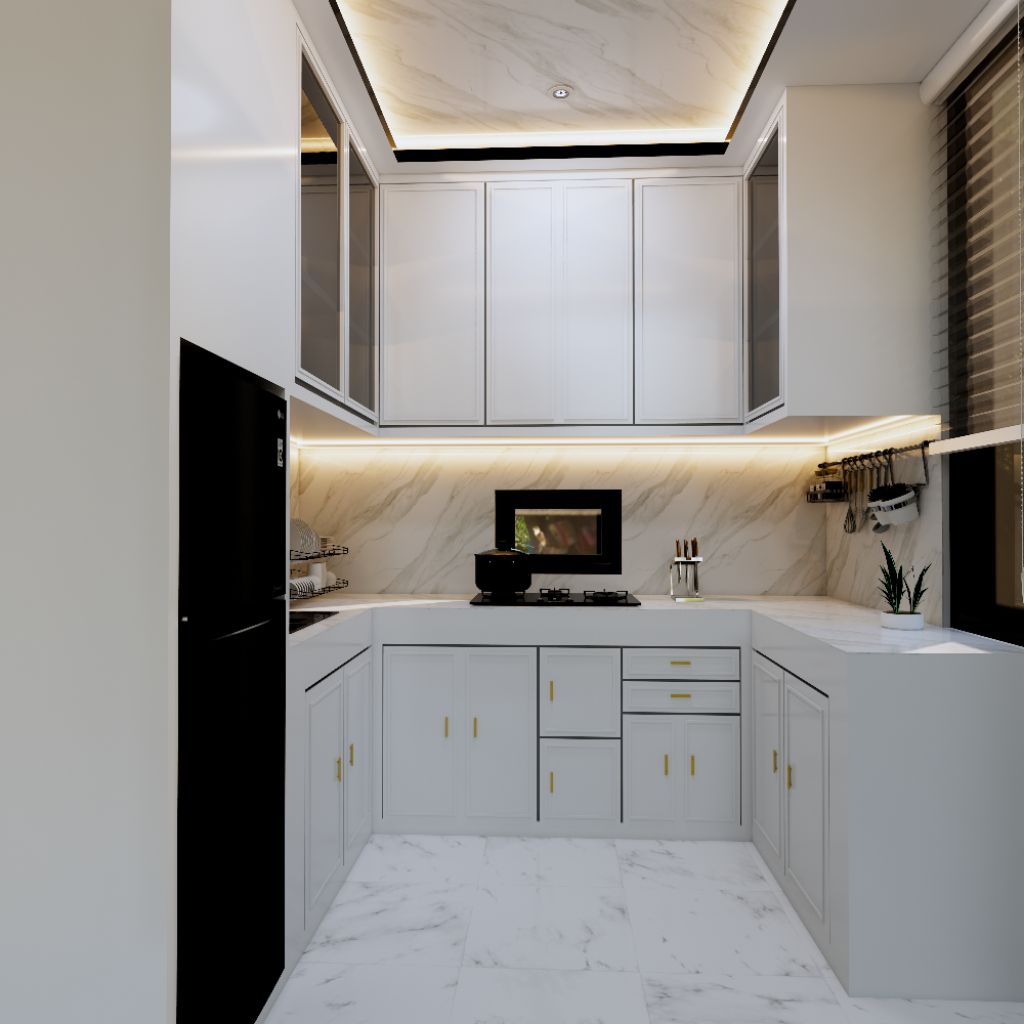 Kitchen Set Minimalis Putih Custom HPL Motif Marmer | Lemari Dapur Atas Bawah + Top Table