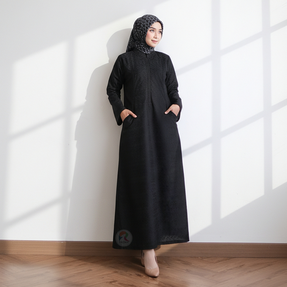 Raisma - Gamis Hitam Umroh Katun Jepang Motif Bordir