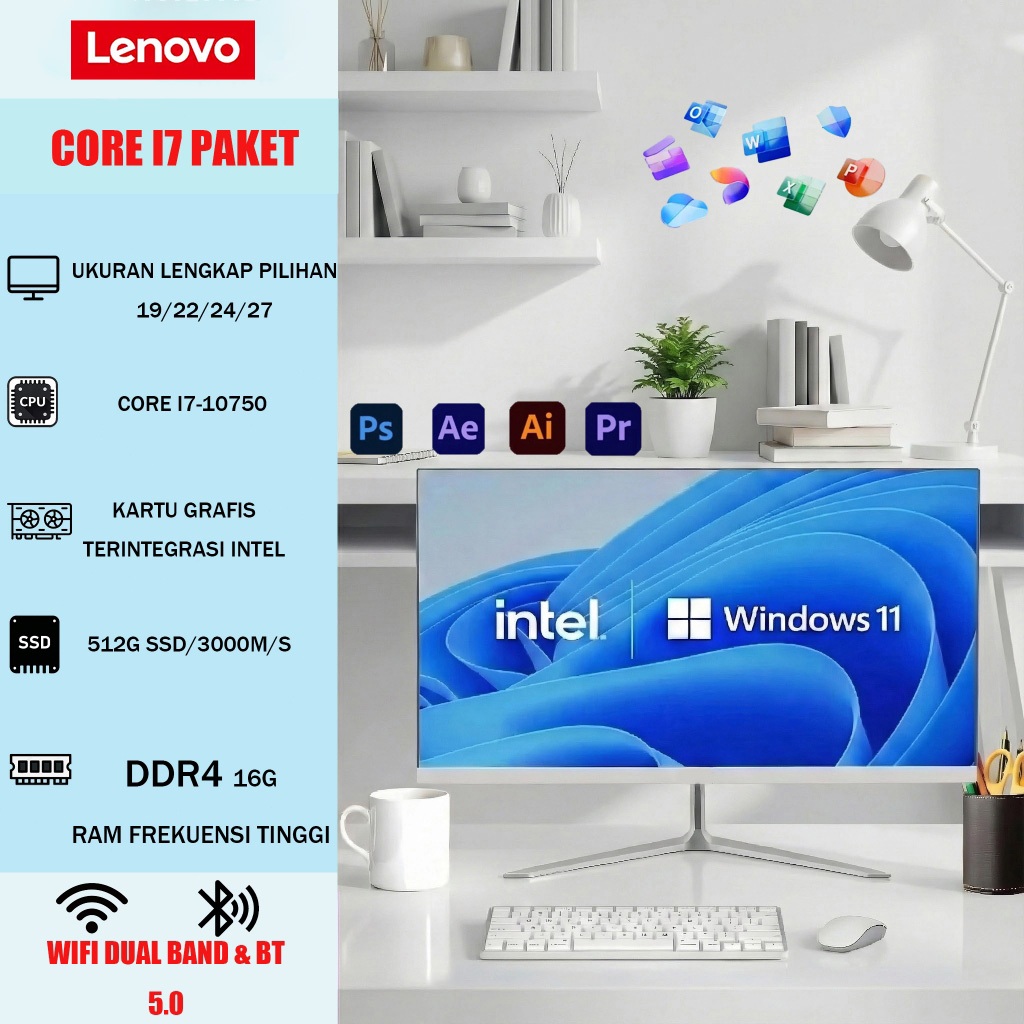 lenovo Komputer All-in-One (AIO) Baru | Intel Core i3/i5/i7 RAM 8-16GB SSD 128GB-1TB | Untuk Kantor,