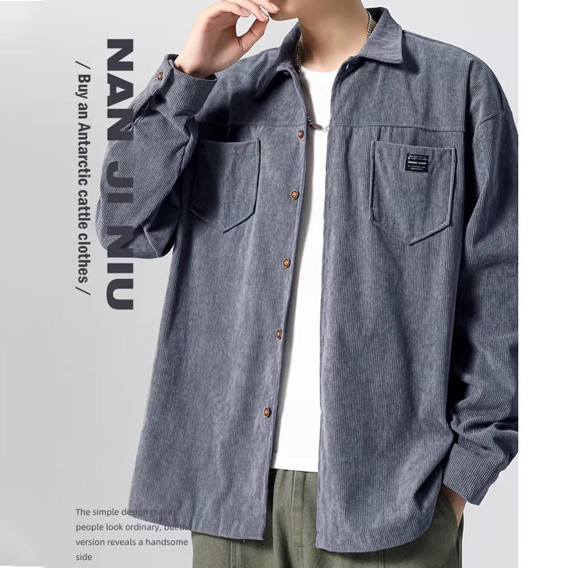 Kemeja Style Korea Pria Oversized Kemeja Corduroy Lengan Panjang Pria Coat Pria Kasual dengan Desain
