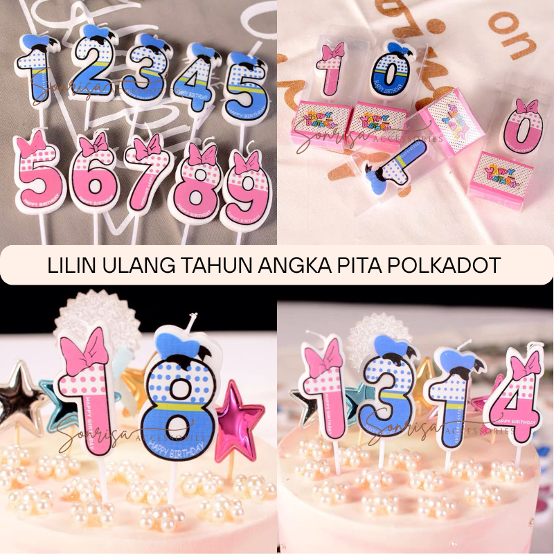 SONRISA - Lilin Angka  Ulang Tahun Motif Pita Polkadot Biru Pink / Lilin Ulang Tahun