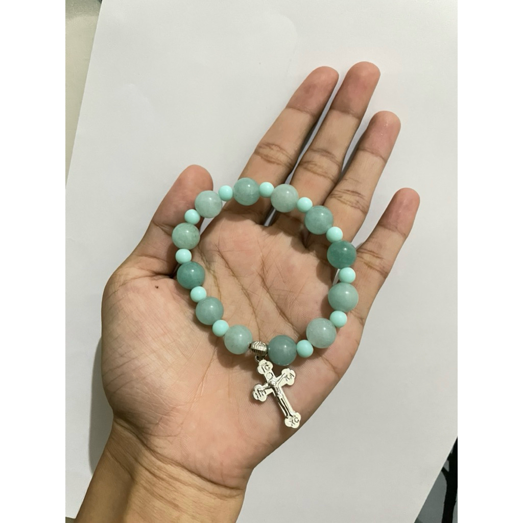 Gelang Salib Batu Alam Akrilik Karet | Gelang Rohani Simple Pria Wanita Kristen Katolik | Elegan