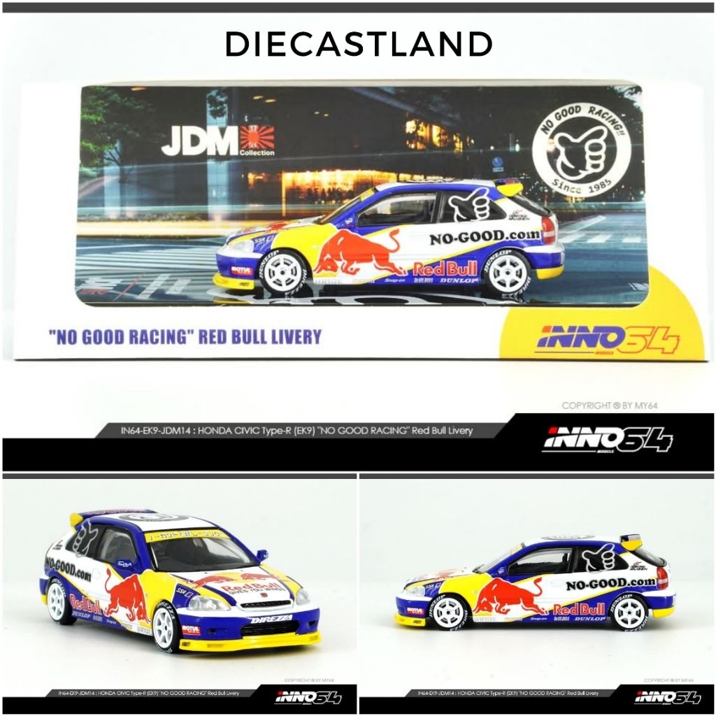 INNO64 1/64 HONDA CIVIC Type-R (EK9) "NO GOOD RACING" Red Bull Livery IN64-EK9-JDM14 Mobil Miniatur 