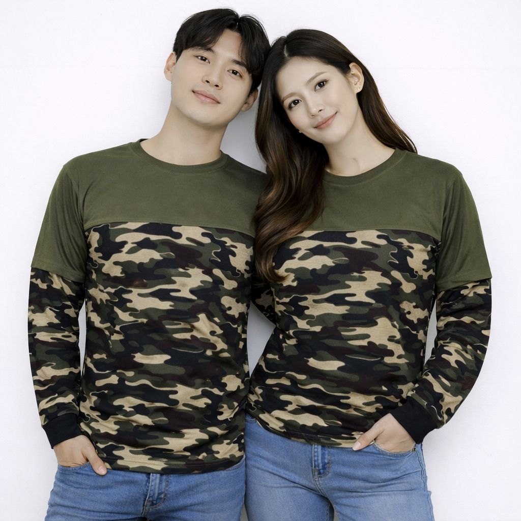 Kaos polos kombinasi Loreng Longskate pria wanita lengan panjang sambung size M L XL XXL