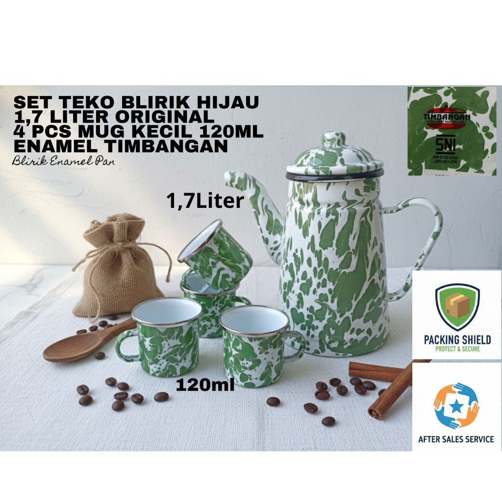 Merk Timbangan - Set Teko Blirik Hijau Enamel 1.7L & 4 Mug 120ml - Anti Karat Tebal - Cocok untuk Sa