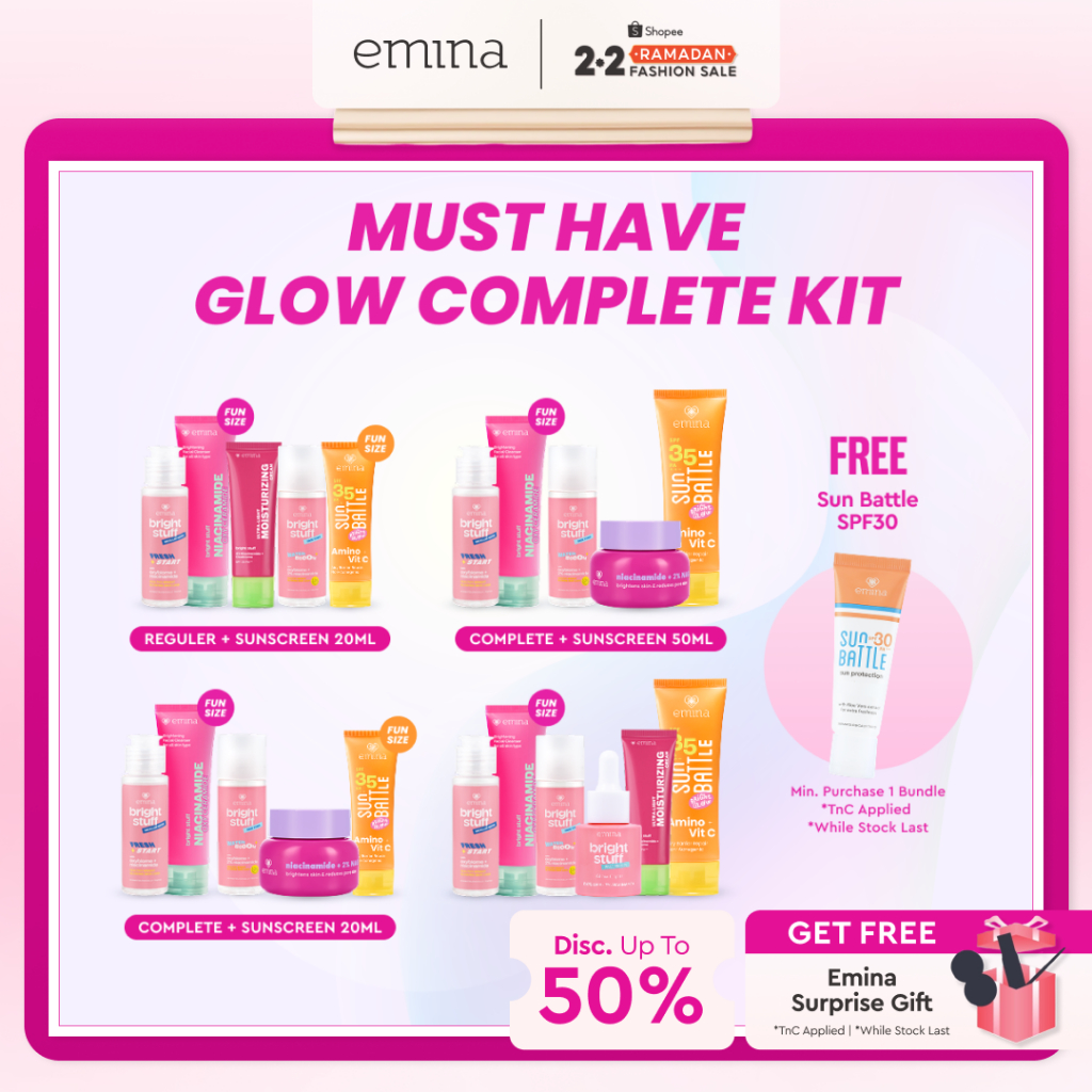 [MUST HAVE] GLOW COMPLETE KIT EMINA BRIGHT STUFF ISI 5 (Micellar Water, Face Wash, Toner, Serum, Moi