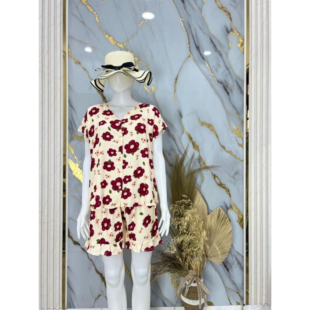 Set Ines - Setelan Daster Wanita Motif Bunga | Baju Tidur Wanita Adem | Setelan Santai Rumah