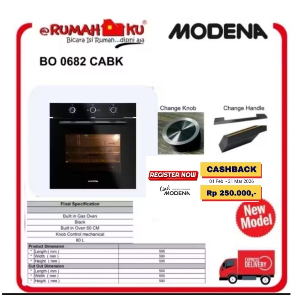 OVEN GAS BUILT-IN MODENA  BO 0682 CABK /Oven Modena Gas 80 Liter