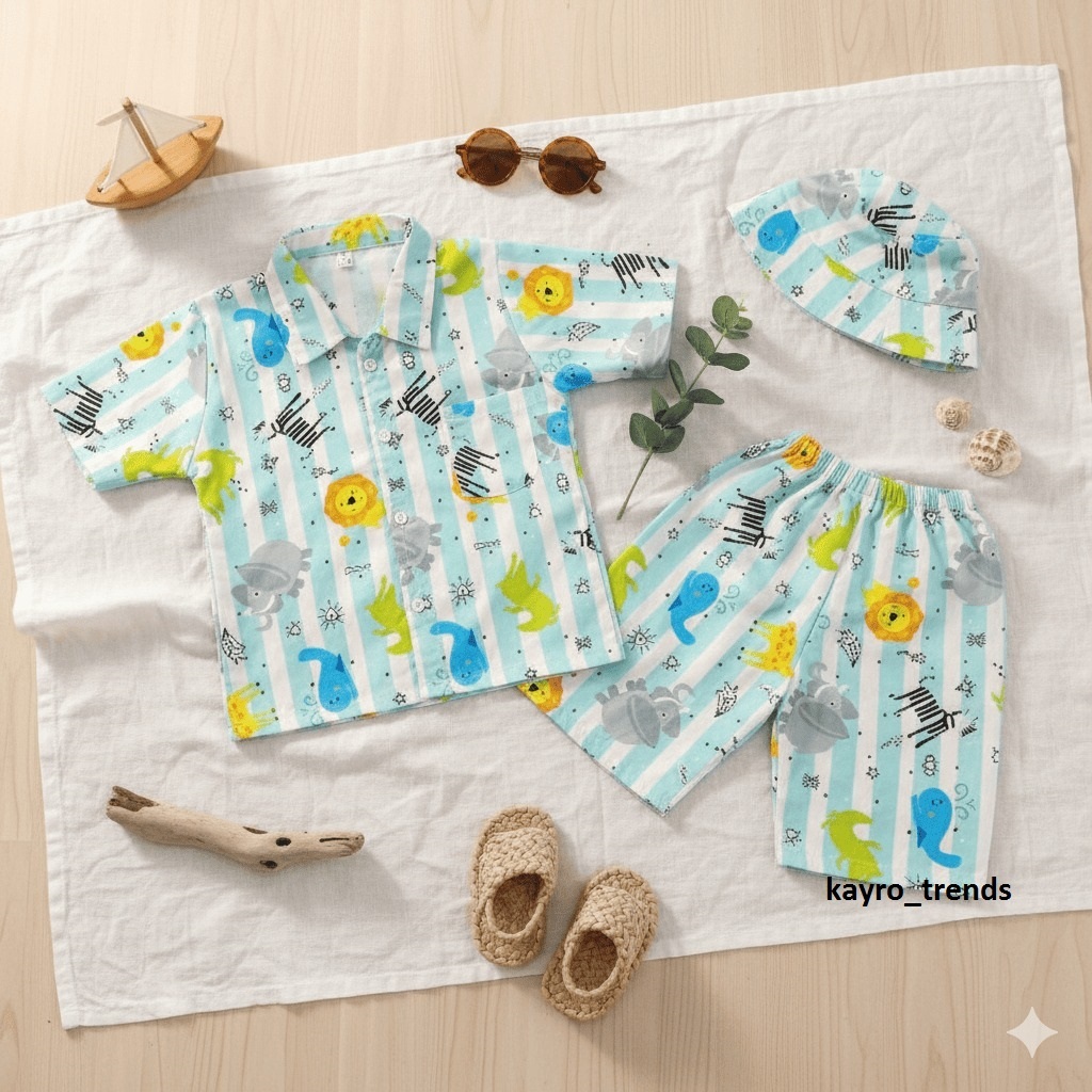 setelan lucu anak plus topi laki - laki dan perempuan outfit liburan pantai usia 1-5 tahun bahan pol