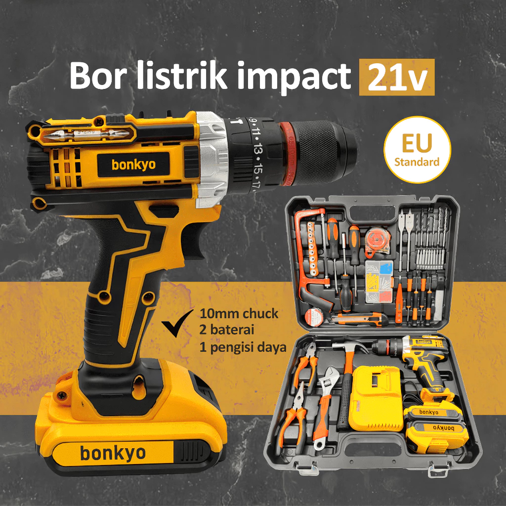 Bonkyo Mesin Bor Baterai Bor Impact Set Bor Listrik Kotak Peralatan Multifungsi Bor Beton