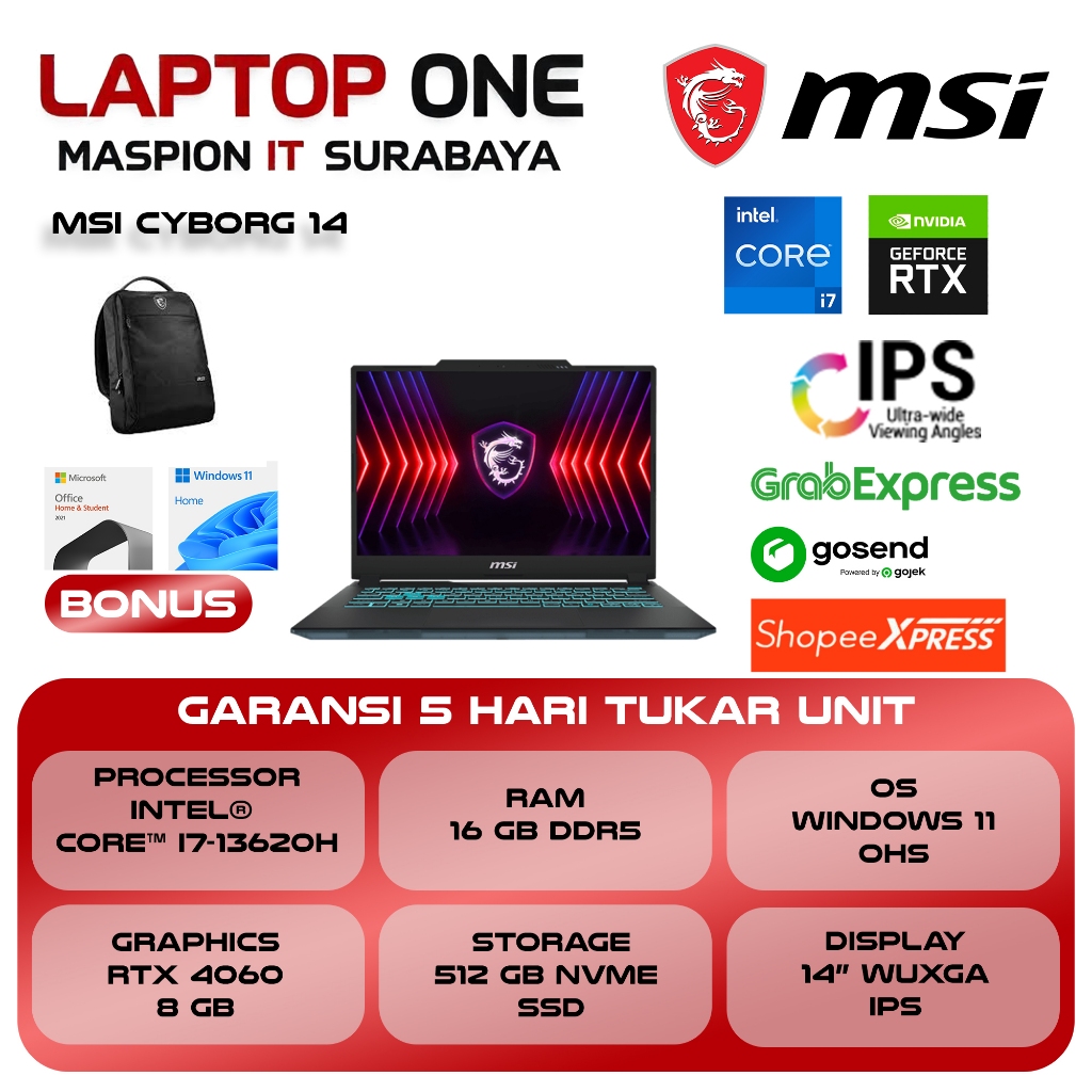 MSI CYBORG 14 I7 13620H RTX4060 8GB/ 16GB 512GB W11+OHS 14.0FHD+ 144HZ 100SRGB BLIT BLK -A13VF.025