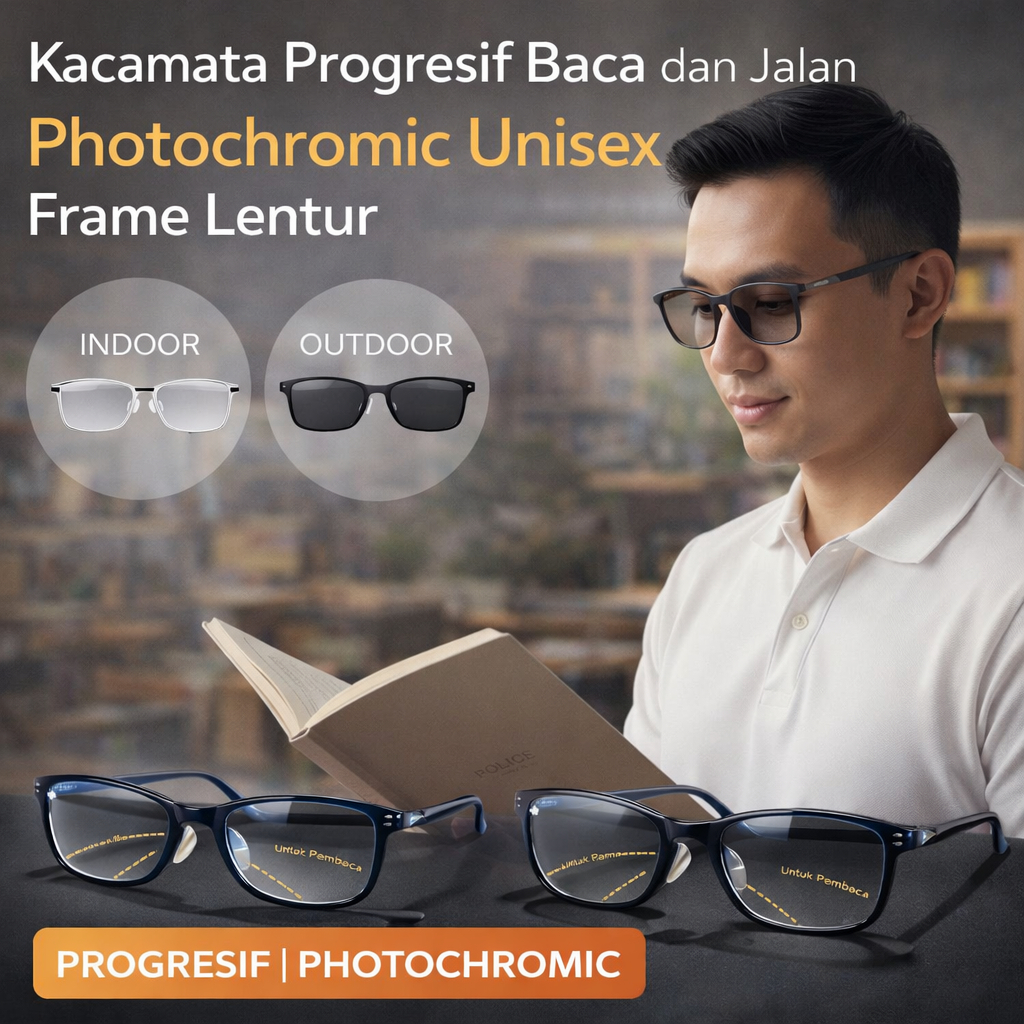 POLICE Kacamata Progresif Plus Baca Jalan Photocromic Anti Radiasi Pria Wanita Frame OVAL
