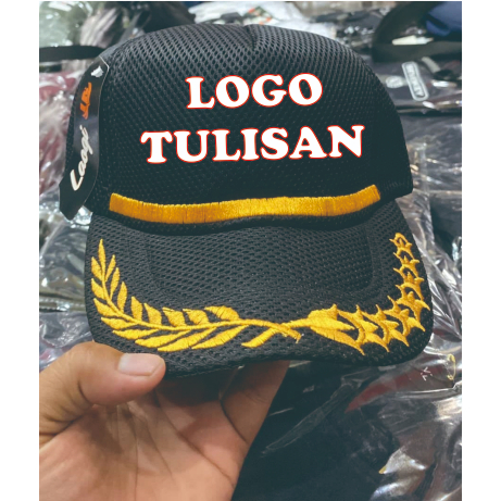Topi padi kapas, custom bordir logo, tulisan, samping kanan , kiri dan belakang, bahan double mess.
