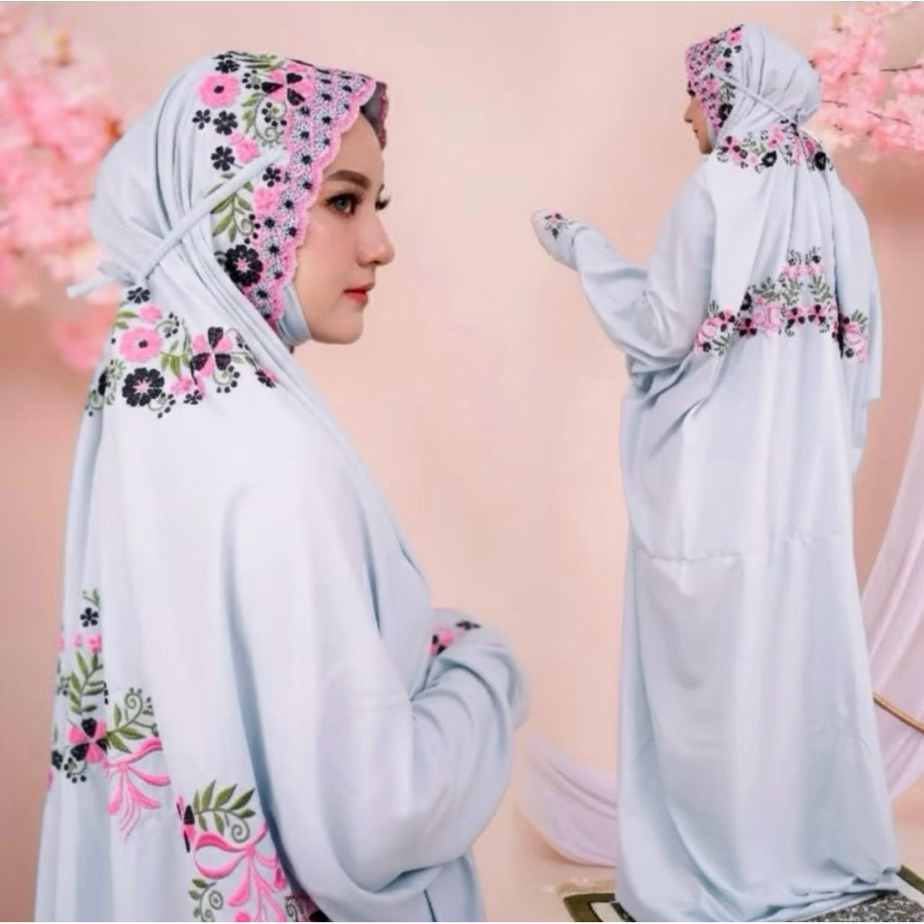 MUKENA TERUSAN DEWASA KAIN POLINO MIKRO LEMBUT NYAMAN MOTIF BORDIR RENDA BUNGA CANTIK, MUKENAH LAJUR