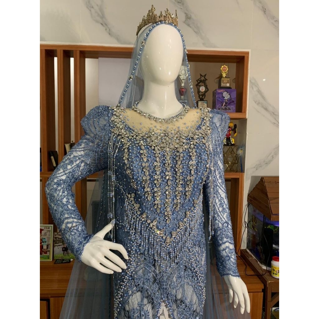 Ready Kebaya pengantin warna Biru Denim Full payet bahan santili