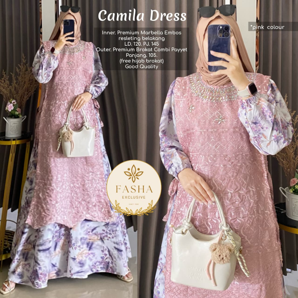 Camila Dress Gamis Outer Premium Original FASHA EXCLUSIVE Setelan 2 in 1 Brokat Payet Marbella Embos