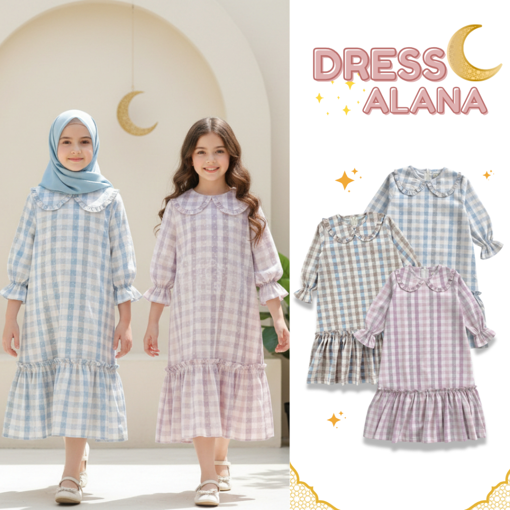 Dress Anak Perempuan Alana Gamis Anak Kotak Dress Anak Muslim Baju Anak Lebaran 2 - 10 tahun