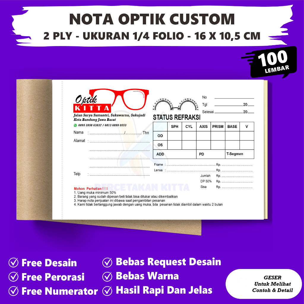 Nota optik custom 2 ply ukuran 1/4 folio