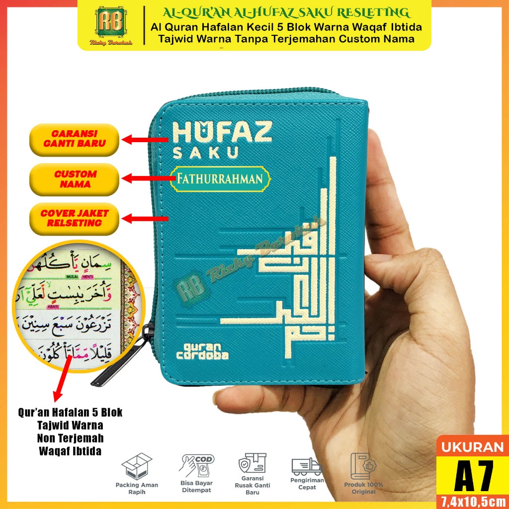 Alquran Hufaz A7 Saku Resleting Custom Nama Tajwid 5 Blok Warna 30 Juz Mini