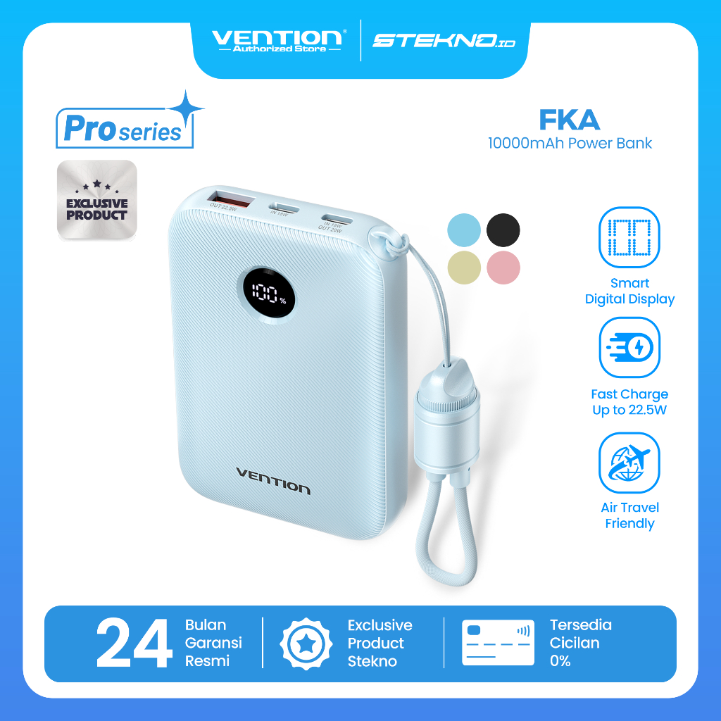 Vention Powerbank Pro Series 10000mAh 22.5W Built in Cable Fast Charging Dual Port USB-C USB-A for i