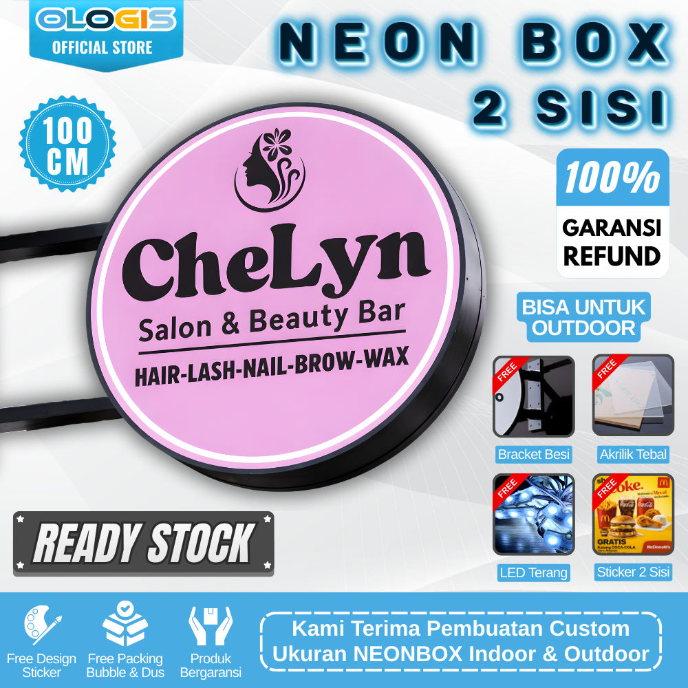 (READY) Neon Box Bulat Akrilik 2 Sisi Besar 100 CM LED Custom Logo Outdoor Plang Papan Nama Toko