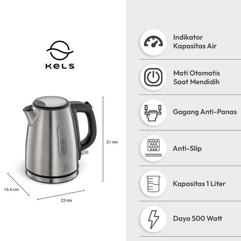 KELS 1 Ltr Teko Kettle Listrik Stainless Steel 500W Dry Protection