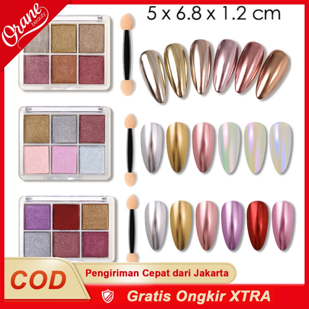 6 Warna Set Bedak Kuku Chrome Efek Cermin Gemerlap Holografik Aurora Metalik Emas Perak Debu Kuku Pi