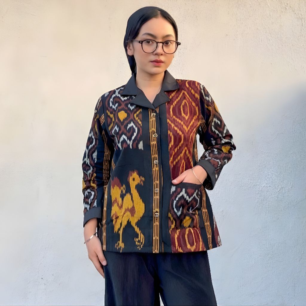 Kemeja Blouse Tenun Troso, Baju Atasan Blouse Tenun Troso, Baju Blus Kerja Kantor Formal Tenun E27