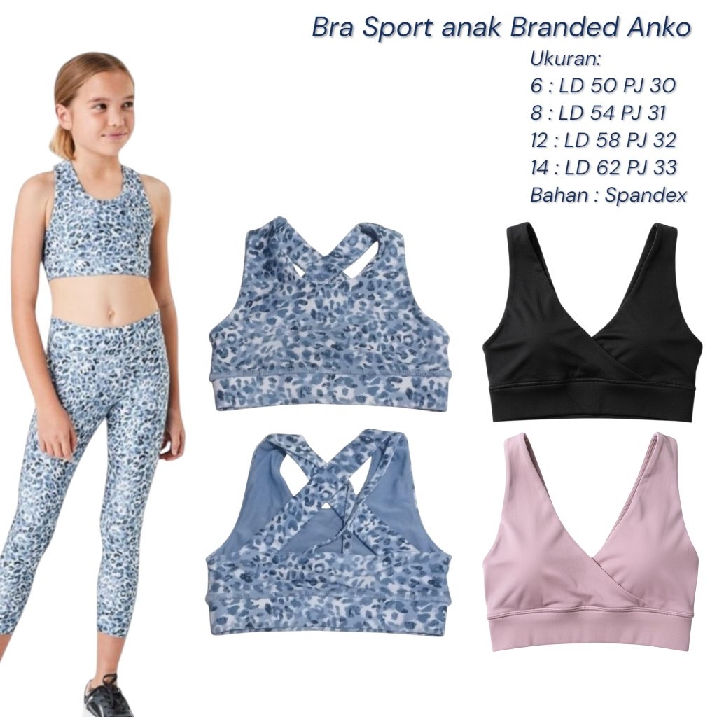 Bra Sport Anak Perempuan Branded Anko – Motif Leopard Biru | Size 7–14 Tahun