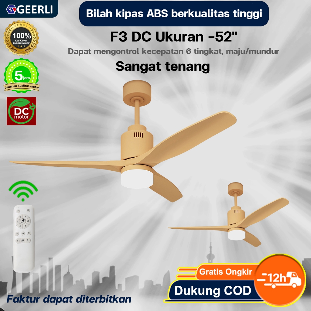 GEERLI Kipas Angin Gantung 52 Inch dengan Lampu, 6 Level Pengaturan Kecepatan & 3 Warna Lampu, Motor