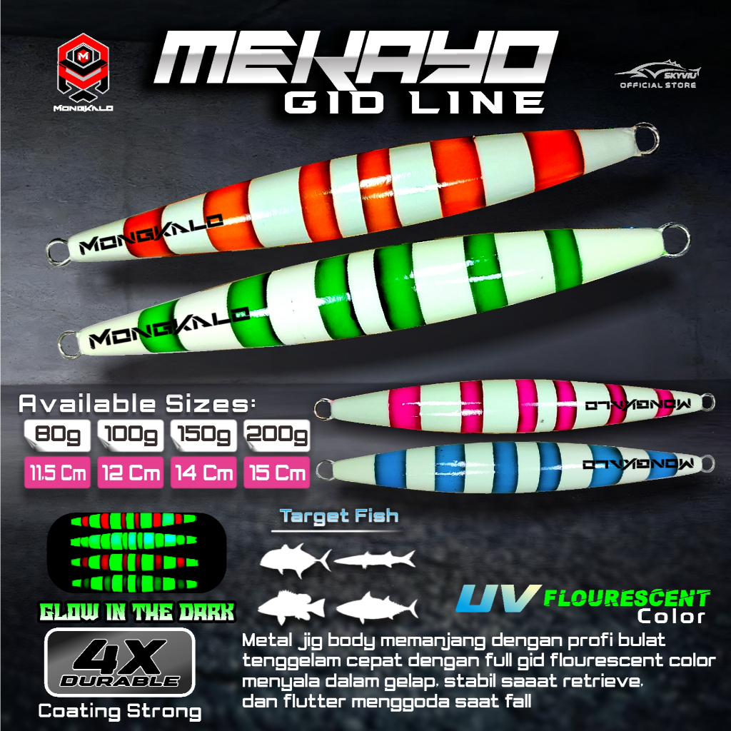 Metal jig 80 g 100gram 150 gr 200gr MONGKALO MEKAYO Full Gow In the Dark Garis UV Flourescent Umpan 
